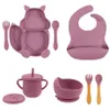 Tasses Vaisselle Ustensiles 8pcs / Set Vaisselle pour enfants Vaisselle en silicone pour bébé Ensemble d'alimentation Ventouse Bol Coupe Étanche Bavoir Cuillère Fourchette Bébé Trucs AA230413