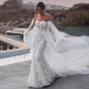 Bohemian Mermaid Wedding Dresses with Remove Cape Sleeve 3D Floral Beach Country Gown with Detachable Train
