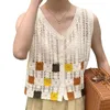 Blouses femme été voyage bord de mer Crochet t-shirt Style doux printemps gilet sans manches broderie treillis motif haut en tricot