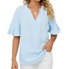 Women's T Shirts Women Summer Ruffle Half Sleeve Plain T-Shirt Casual Loose Fit Notched V-Neck Solid Color Curved Hem Blouses Tunic Tops