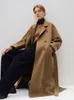 Women's Wool Blends FSLE 100% Wool Black Temperament Long Double Breasted Woolen Jackets 60.6% Wool 10.5% Silk Belt Design Female Beige Apricot Coat 231114