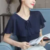 Blouses femininas elegantes decote em V Ruffles Lace Up Bow Bow Blouse Chiffon Blouse 2023 Summer Casual Pullovers