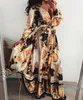 2023-Women Wrap Summer Lond Dress Holiday Maxi Loose Sundress Floral Print V-Neck Długie rękaw Elegante sukienki koktajlowe