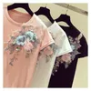 Women's T-Shirt Streetwear Women T Shirts Flowers Solid Appliques Beading Tops Female Summer Short Sleeve Plus Size Tees Cotton Clothes 230414