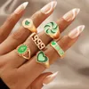 2022 Ny mode Green Boho Oil Drip Heart Windmill Animal Rings smycken Kvinnor Vintage Metal Snake Form Zodiac 6 Piece Ring Set