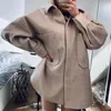 Women's Wool Blends PUWD Casual Woman Camel Loose Pocket Woolen Shirt Fashion Ladies Autumn Long Sleeve Thick Blouse Coat Female Long Outwear 231114