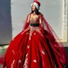 Classic Red Spaghetti Strap Quinceanera Dress Lace Appliques Flower Party Gown with Cape Junior Birthday Vestidos De 15