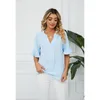 Women's T Shirts Women Summer Ruffle Half Sleeve Plain T-Shirt Casual Loose Fit Notched V-Neck Solid Color Curved Hem Blouses Tunic Tops