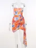 Casual jurken rlmababy print luipaard bloemen strapless dames mini bodycon jurk zomervakantie tie meisje sexy lint vouwen kort