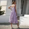 Casual klänningar elegant bohemisk blommig midi sexig rufsad sele lång klänning sommar kvinnor mode singel breasted party maxi vestido