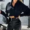 Blouses Femmes Sexy Col Rabattu Bouton Blouse Femmes Printemps Solide Poche Creux Haut Court Automne Manches Longues Bureau Dame Chemise Harajuku