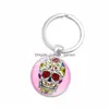 Keychains Lanyards Sugar Candy Skl Head Keyrings Punk Style Pattern Key Ring Skeleton Time Gem Cabochon Keychain Drop Deli Dhgarden Dhpiu