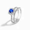 Cluster Rings Double Layer Pure 925 Silver Women's Ring Inlaid With Blue And Transparent Zircon Exquisite Light Luxury Style