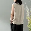 女性用ブラウス女性のノースリーブボタンアップシャツジャケット秋の春のカジュアルビンテージウエストコートベストポケットコットンシャツソリッドアウトウェア