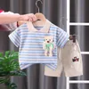 Clothing Sets Fashionable summer children's baby boy striped set short sleeved T-shirt and doll+shorts casual clothing girl clothing 2PCS/set 231114