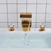 Bathroom Sink Faucets Luxury Brass Waterfall Faucet Three Holes Two Handles Cold Water Wash Basin Tap High Quality Gold Lavabo