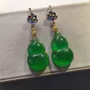 Dangle Boucles D'oreilles 1 pcs/lot Naturel Plein Vert Jade Gourd S925 Argent Doré Cloisonné Artisanat Traditionnel Rétro Style Ethnique Bijoux Gemme