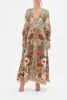 Casual Kleider Seide Frauen Böhmischen Stil Langes Kleid V-ausschnitt Vintage Blume Gedruckt Elastische Taille Ärmel Knöpfe Midi