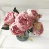 Dekorativa blommor rosa rose konstgjorda siden Peony Bouquet 5 Big Head och 4 Bud Fake Home Wedding Decoration