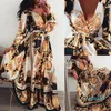 2023-Women Wrap Summer Lond Dress Holiday Maxi Loose Sundress Floral Print V-Neck Długie rękaw Elegante sukienki koktajlowe