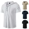 Men's T Shirts Summer Men's Linen Short Sleeve Casual Daily Beach Yoga Men Clothing V-neck Drawstring Hooded 4 Colors Tops For