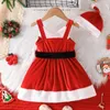 Flicka klänningar jul barnkläder baby cosplay jultomten kostym småbarn xmas ärmlös fleece klänning hatt 2 st.