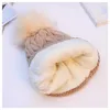 Wholesale custom knitted beanie warm fleece lining women cap cable faux fur pompom winter hat DF318