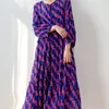 Casual Dresses Women Silk Midi Dress Mulbery Crepe Babydoll Loose Type Purple Printed Big Hem Crew Neck 3/4 Sleeve MM744