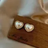 Stud Earrings Cute Rhinestone Side Faux Pearl Heart For Women Fashion Korean Style Jewelry Pendientes Party Accessories C348