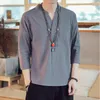 Etnik Giyim Yaz Çin tarzı beyaz pamuk keten klasik yedi kollu tişörtler tangzhuang han takım elbise meditasyon zen oryant bluz mavi