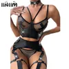 Sexig uppsättning sexiga kvinnors pu läderporr underkläder set bustier cosplay clubwear lapptäcke bh crop top ihålig ut thong strumpebälte underkläder 23115