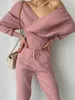 Women's Two Piece Pants Sexy Off Shoulder Knitted Two Piece Set Women Long Sleeve Sport Tracksuit 2 Piece Sweater Pants Suits Matching Sets For Women 230414