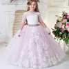 Meisjesjurken roze kanten Appliqued Tiered Flower Dress Vintage Tule Birthday Pry Pageant Toge Korte mouwen Formele bruiloft