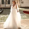 Fabulous Tulle Long Sleeves A Line Wedding Dresses V Neck Emboridery Lace Plus Size Bridal Gowns Bohemian Country Garden Backless Sweep Train Robes de Mariee CL2921