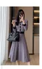 Casual Dresses High Quality Elegant Autumn Pleated Midi Dress New Fashion Women O Neck Long Sleeve Knitted Hit Color Pearl Button Sweater Dress 2023