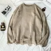 女性用セーターメンメンズストリートウェアヒップホッププルオーバージャンパーファッション特大のオールマッチの男性スプリングウォッシュホールリッピングニットセーター231115