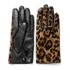 Fem fingrarhandskar YY5388 Nyhetskvinnor Leopard tryck äkta läderhandskar damer Kort vinter ullfodrad tjock Luvas Botton Warm Guantes Mujer 231115