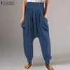 Calças femininas Capris Fashion Long Wonens Vintage Linen Ladies Summer Troushers Elegant: Elastic Waist Pantalon Palazzo Pocket Pocket