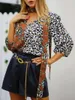 بلوزات نسائية سيلميا أزياء الأزياء ربطة عنق المكتب سيدة Leopard Print Tops Tops Women Patchwork Tic Chics 2023 Summer 3/4 Puff Sleeve