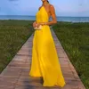 Casual klänningar ellafads kvinnor maxi klänning elegant massiv gul ärmlös kedja halter hals rygglös kväll festklänningar hög streetwear 230414