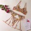 Free Shipping Sexy Transparent Yellow Pastoral Floral Bra Garter Thong Belt Leg Ring Three Pieces Sexy Lingerie Set