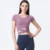 T-shirt da donna Nude Seamless Cross Yoga T-shirt corta Tinta unita Alta elasticità Sport Crop Top Donna Abbigliamento fitness ad asciugatura rapida