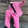 Men's Jackets HMZ Trendy Y2K Pink Color Set Jeans Suit Solid Color Lapel Denim Jacket Coat Wide Leg Straight Jeans Men Casual Tops PantsL231115