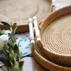 Food Storage Organization Sets Rattan Tray Round Basket With Wooden Handle Bread Fruit Cake Plate Serving for Home kitchen 231115