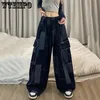 Jeans pour femmes Vintage Baggy Femme Japonais Chic Pantalon large jambe Patchwork Plaid Poche Pantalon Streetwear Y2k Vêtements Pleine Longueur 231114