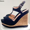 Olomm Real Photos Handmade Women T-Strap Sandals Faux Suede Wedges Heels Peep Toe Elegant Black Party Dress Shoes Size 35 47 52