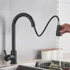 Robinets de cuisine robinet noir Flexible extractible 2 Modes buse mélangeur d'eau froide robinet pulvérisateur monté sur le pont et flux SUS 304
