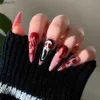 False Nails 24st Halloween Press On Nails Long Stiletto French Fake Nails Scary Skull Skeleton Red Full Cover Black Blood Matte Gothic Nail YQ231115