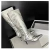 Boots Brand Cross Strap Nited Retro Silvery Knee High Spicy Girl Pointed Heel Motorcykel Fashion Women Shoes 231115