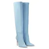 Bottes 2023 femmes mode bonbons couleurs daim genou haut Sexy talon mince bout pointu automne hiver chaussures 34-45